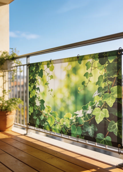 Balkon mit bedrucktem Sichtschutz mit grünem Blätter-Motiv am Geländer