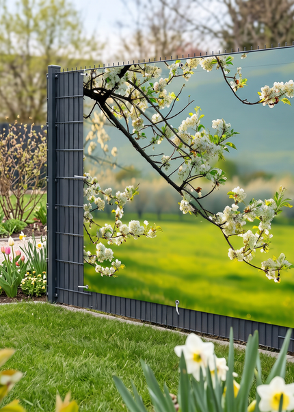 Sichtschutz mit Frühlingsmotiv Yuna am Doppelstabmattenzaun im blühenden Garten