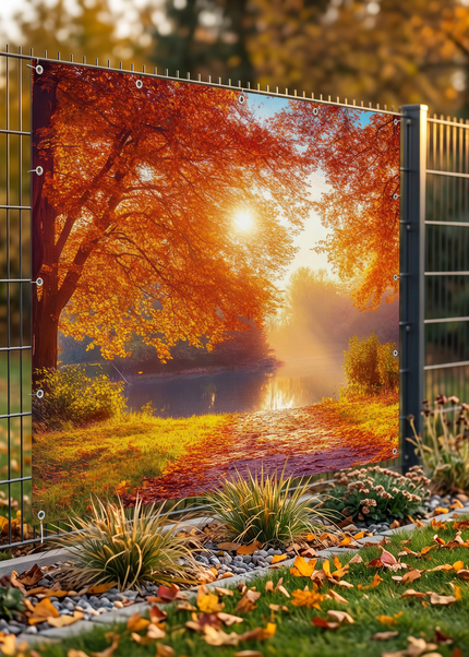 Sichtschutz mit Herbstmotiv Mori am Doppelstabmattenzaun im herbstlichen Garten